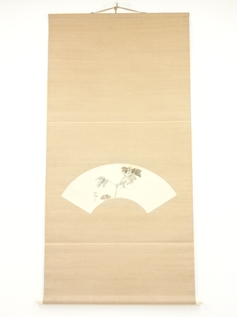 JAPANESE HANGING SCROLL / HAND PAINTED / FLOWERS ON FOLDING FAN 